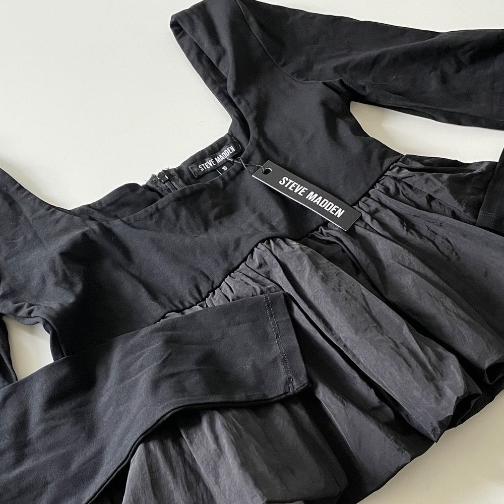 Steve Madden Scoop Top Peplum Crop Long Sleeve Black Small Elegant Party
